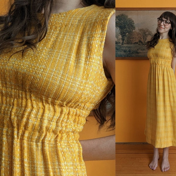 Vintage 50s 60s Sleeveless Wool Dress in Mustard Yellow with Cinched Waist // Size XS