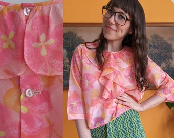 Chemisier semi-transparent abstrait Flower Power vintage des années 60 à volants//Taille S-L
