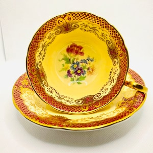 Elegant Aynsley Gold and Red Teacup and Saucer