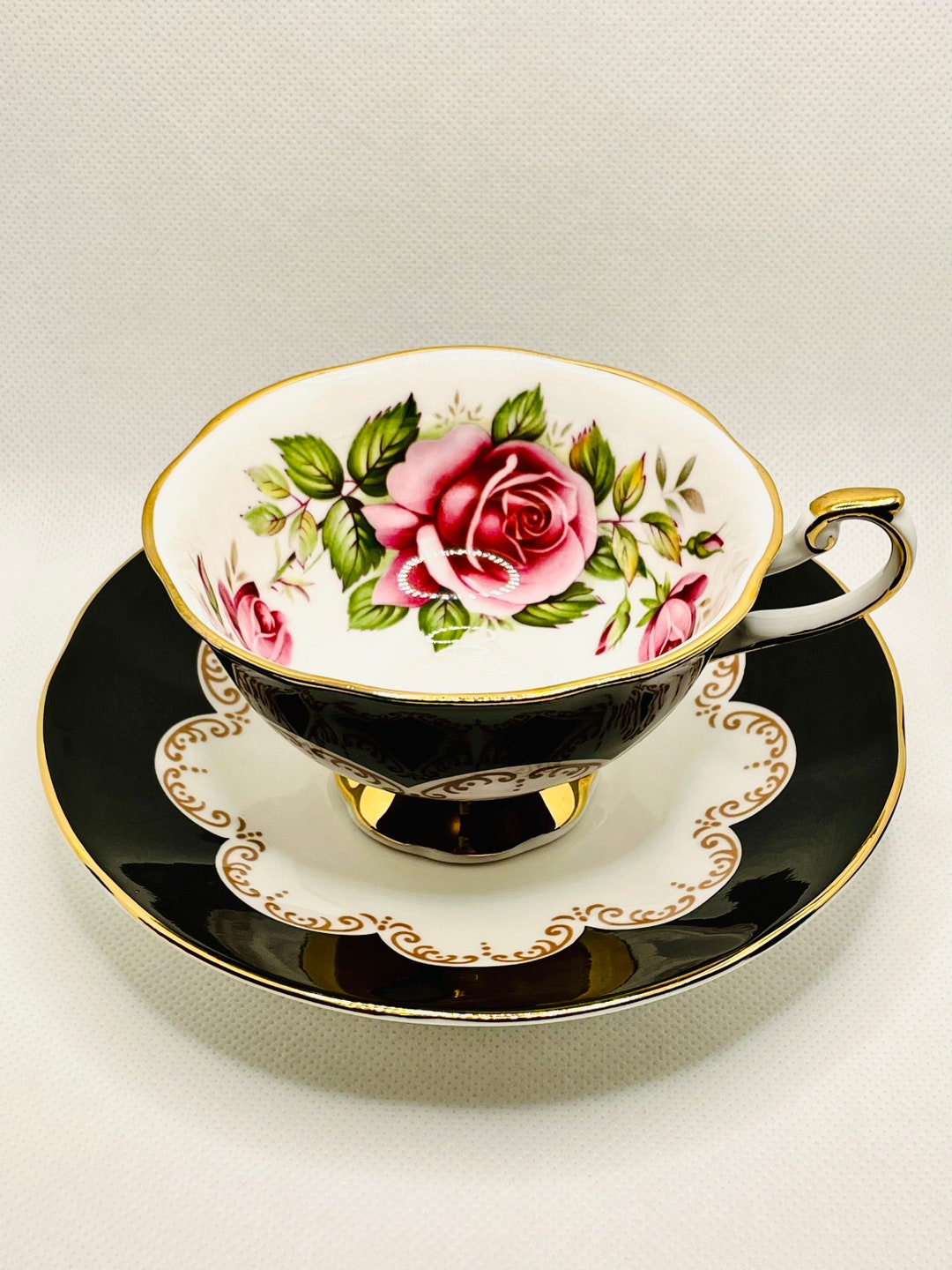 Queens ebony Art Deco Teacup and Saucer Etsy UK