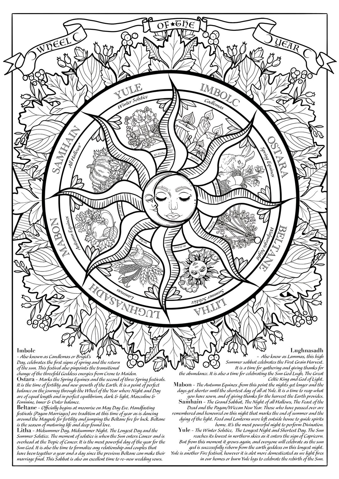 Wheel of the Year Colouring Page OOAK DIGITAL ONLY Wicca Pagan ...