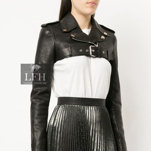 Femme et fille Blouson court en cuir de motard 100 % véritable cuir d'agneau souple, coupe slim