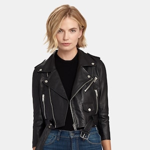 Women's & Girls 100% Genuine Soft Lambskin Leather Cropped Motor Biker ...