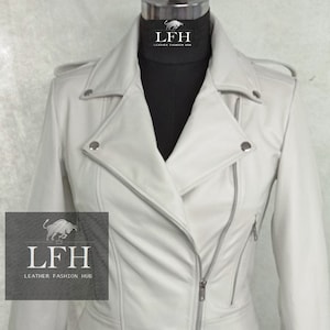 Filles et femmes 100% Real Veste en cuir blanc doux de haute qualité Bolero Style Biker Jacket Slim Fit, manches longues Beau look