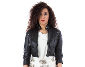 Genuine Lambskin Leather Cropped Biker Bolero Shrug, Slim Fit