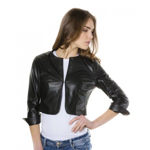 Femme et fille 100 % cuir d'agneau véritable souple court boléro boléro boléro haussement d'épaules Coupe ajustée, manches courtes Beau look