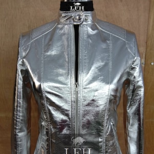 Blouson de motard pour femme et fille, 100% cuir d'agneau souple véritable de haute qualité, couleur argent métallisé, coupe ajustée, beau look