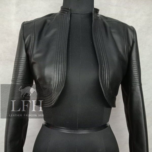 Femme et fille 100 % cuir d'agneau véritable de haute qualité Boléro moteur court boléro haussement d'épaules Coupe ajustée, Manches longues Beau look