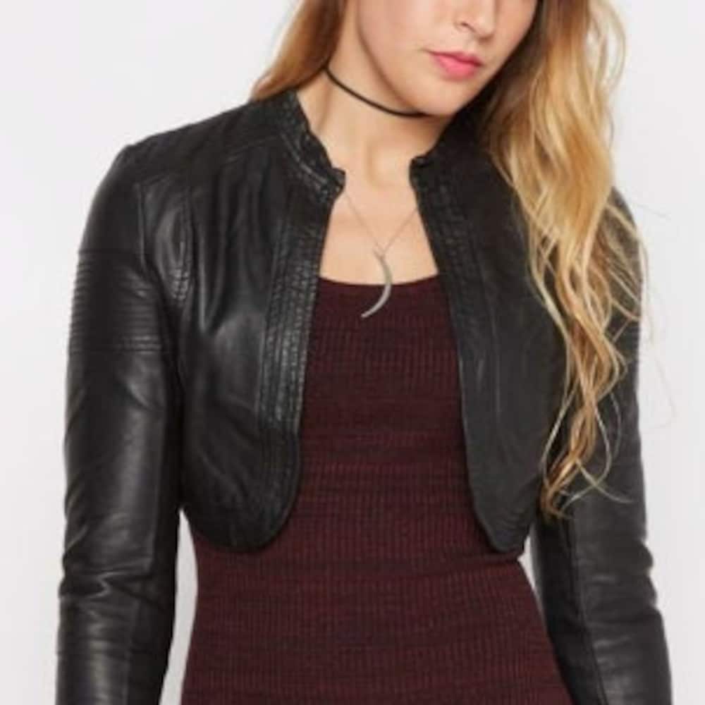 Black leather cropped biker jacket