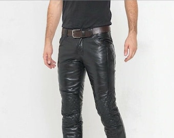 Men's Lambskin Leather Biker Pants, Straight Jeans Style