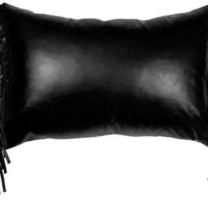 May include: Black leather pillow with fringe trim. The pillow is rectangular and has a smooth, glossy finish.