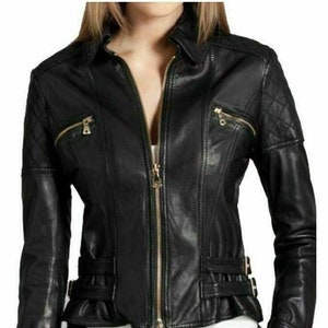 Veste de motard courte en cuir d'agneau souple de haute qualité pour femmes et filles, coupe ajustée, manches longues