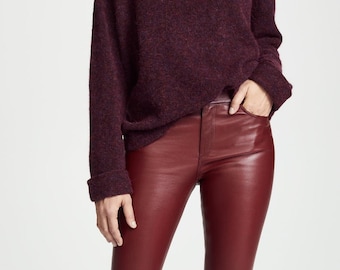 Burgundy Lambskin Leather Leggings, Skinny Fit Biker Pants