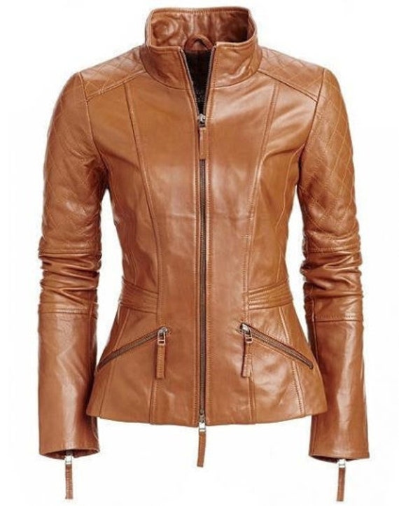 Women's genuine lambskin leather motorcycle top slim fit designer biker jacket