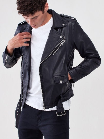 ASOS Premium Leather Biker Jacket With Floral Embroidery Black