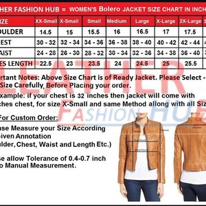 May include: A size chart for women's bolero jackets in inches. The chart shows the measurements for shoulder, chest, waist, and sleeve length for sizes XX-Small to 3X-Large. The chart also includes instructions for measuring your size and a note about tolerance for manual measurement.