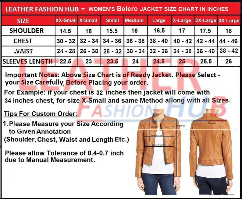 May include: A size chart for women's bolero jackets in inches. The chart shows the measurements for shoulder, chest, waist, and sleeve length for sizes XX-Small to 3X-Large. The chart also includes instructions for measuring your size and a note about tolerance for manual measurement.