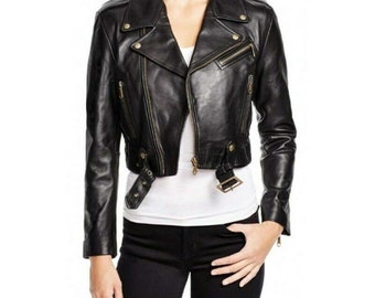 Women's & Girls 100% Real soft Lambskin Leather Cropped Motor Biker Jacket Slim-fit,Long Sleeves, Beautiful Look