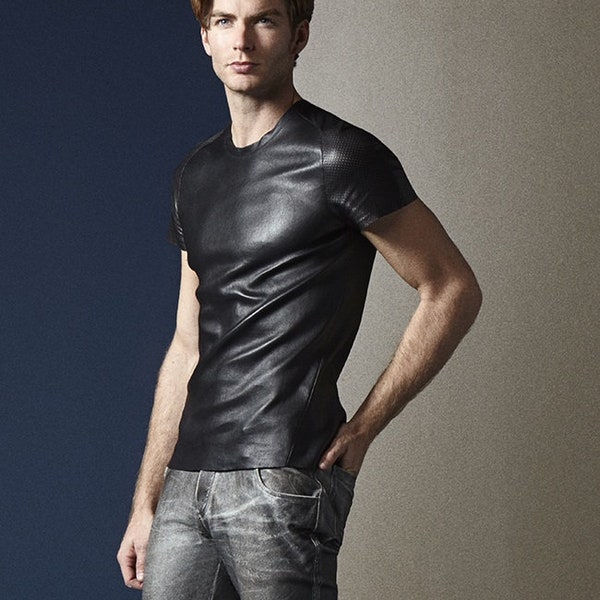 Men's & Boys 100 % Real High Quality Soft Lambskin stretched Leather Motor Biker T-Shirt, Short Sleeves Beautiful Look