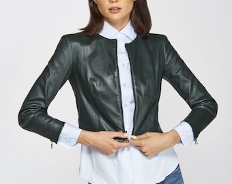 Kort motorbikerjack van lamsleer, slim-fit, 3/4-mouw