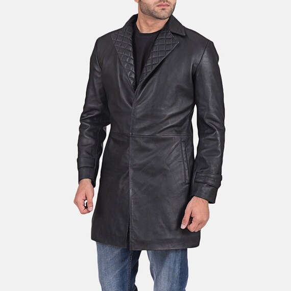 Abrigo largo de cuero genuino negro para hombre con cinturón, gabardina de  cuero de piel de cordero real para hombre, abrigo largo de cuero negro -   México