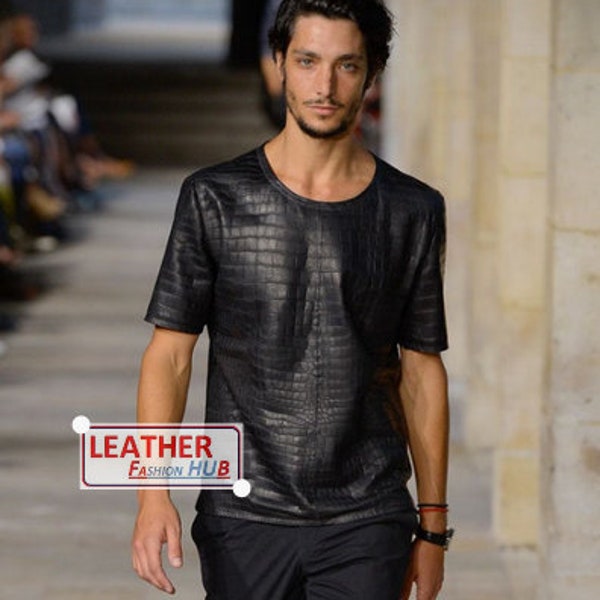Hommes & Garçons 100 % Real Haute Qualité Soft Lambskin Crocodile Embossed Leather Motor Biker T-Shirt, Manches Courtes Beau Look