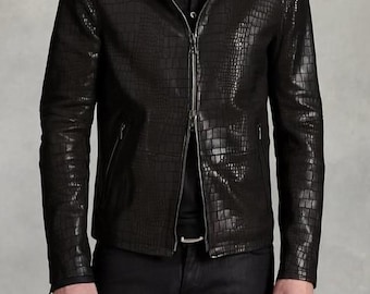 Men's Lambskin Leather Biker Jacket, Crocodile Embossed