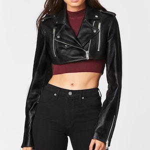 Femme et fille Veste courte courte pour motard en cuir d'agneau véritable de haute qualité, coupe ajustée, manches longues, bel aspect