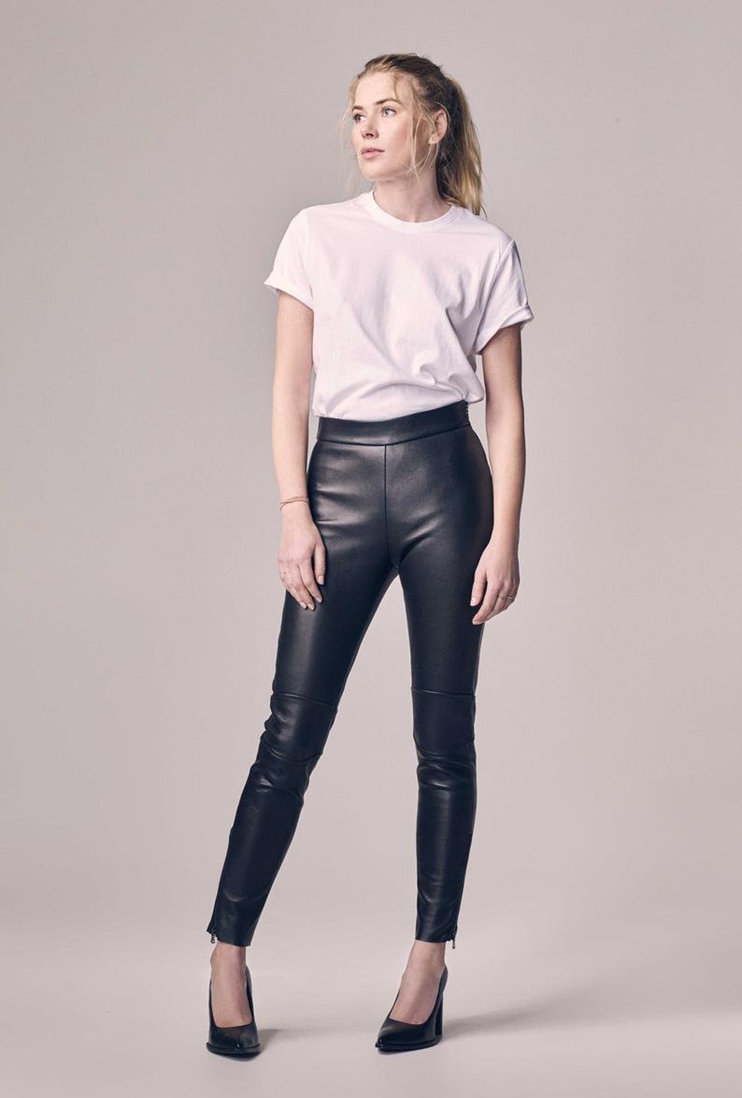 Women's & Girls 100% Genuine Lambskin Leather Skinny Pant Mid Waist ...