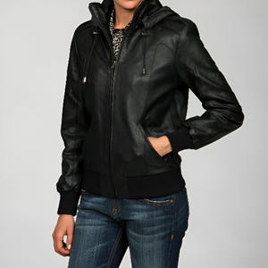 Femme et fille 100% cuir d'agneau souple véritable de haute qualité Blouson aviateur motard à capuche, coupe slim, manches longues