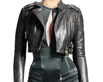 Lambskin Leather Cropped Biker Jacket: Slim Fit Bolero Shrug