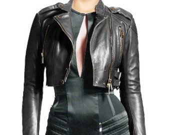 Women & Girls 100% Genuine Soft Lambskin Leather Cropped Motor Biker Jacket, Bolero Shrug Style Slim fit long Sleeves