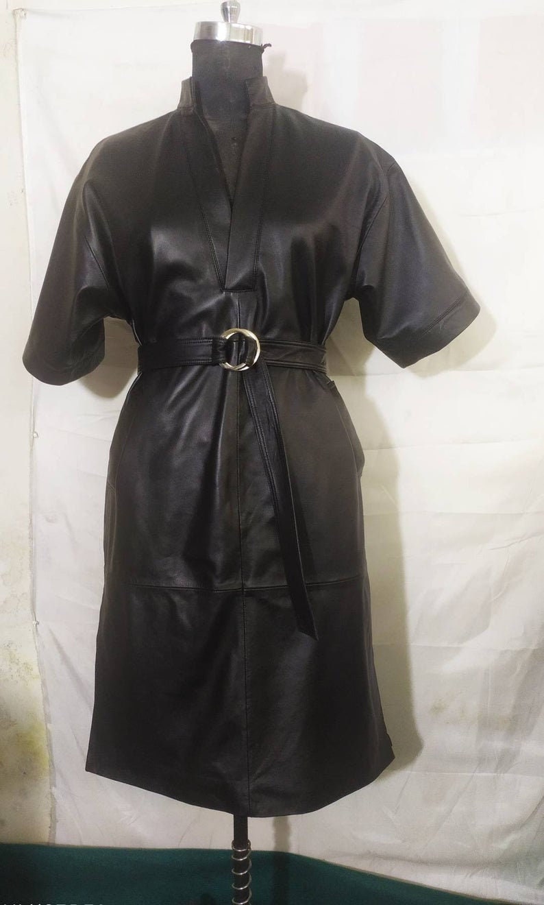 Lambskin Leather Dress, Below Knee, Short Sleeve, Adjusted Waist Lambskin Leather Dress, Below Knee, Short Sleeve, Adjusted Waist