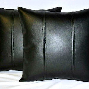 May include: Two black leather cushion covers with a stitched design. The cushions are square and have a smooth, glossy finish.