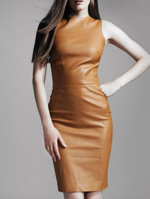 Lambskin Leather Dress, Sleeveless Slim-Fit Knee Length