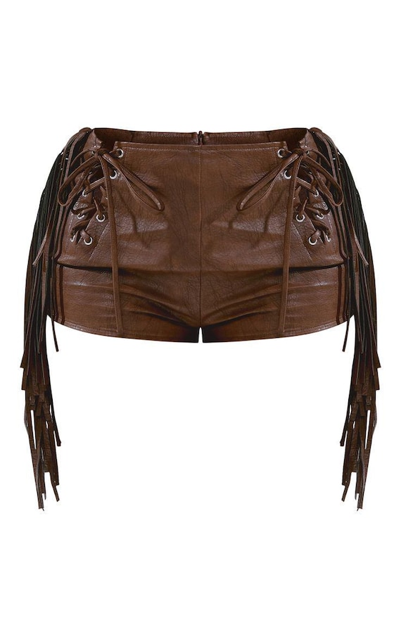Women's Girls Genuine High Quality Lambskin Leather Mini Cropped Motor  Biker Lace up Fringe Shorts, Slim-fit Shorts,