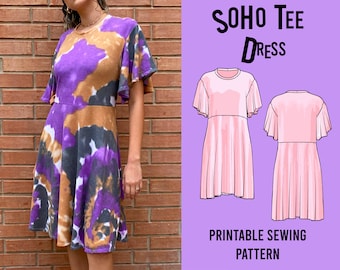 Soho Tee Dress Sewing Pattern PDF Printable Sizes S - 2X | Flutter Sleeve | Dress Pattern