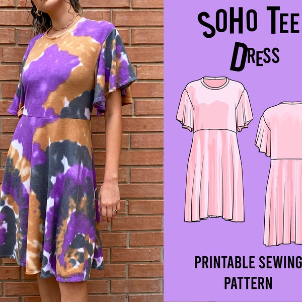 Soho Tee Dress Sewing Pattern PDF Printable Sizes S - 2X | Flutter Sleeve | Dress Pattern