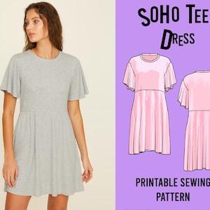 Soho Tee Dress Sewing Pattern – Flutter Sleeve Knit (PDF Printable)