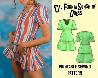 California Sunshine Dress Pattern PDF Printable Sizes XS - 3X | Summer Mid Dress | Ruffled Hem