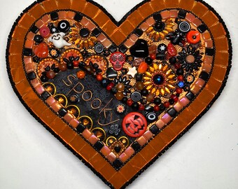 One-of-a-kind Hand-made "Spooky" Happy Halloween Mosaic Heart