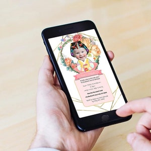 Editable Doljanchi Mobile invitation no.16 Rosel Girl Hanbok | Personalized doljabi mobile invitation | Doljabi invitation돌잔치 돌잡이 백일