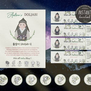 Editable Doljabi kit No.10 Hand drawing Hanbok Boy | Doljanchi set 1st Birthday party | Doljabi board | Doljabi Label | Doljabi ticket첫돌