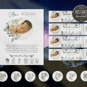Editable Doljabi kit No.3. Eucalyptus | Doljanchi set Birthday party | Digital download | Doljabi board | Doljabi Label | Doljabi ticket