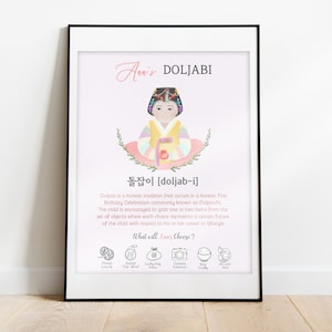 Editable Doljabi Board No.11 Hand drawing Hanbok Girl  | Doljanchi Board 1st Birthday party | Digital print | Personalized Dohl 돌잡이 첫돌 돌잔치