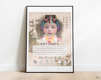 2 in 1 | Editable Doljabi Board No.18 Traditional Hanbok  & Photo | Doljanchi Board 1st Birthday party | Personalized Dohl 돌잡이 첫돌 돌잔치 korean