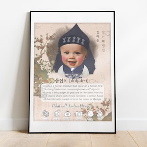 2 in 1 | Editable Doljabi Board No.17 Traditional Hanbok  & Photo | Doljanchi Board 1st Birthday party | Personalized Dohl 돌잡이 첫돌 돌잔치 korean