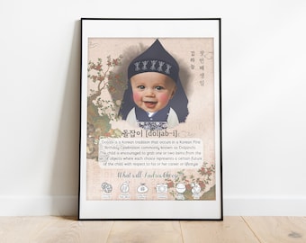 2 in 1 | Editable Doljabi Board No.17 Traditional Hanbok  & Photo | Doljanchi Board 1st Birthday party | Personalized Dohl 돌잡이 첫돌 돌잔치 korean