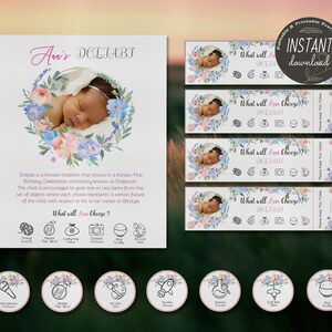 Editable Doljabi kit No.1 Peach | Doljanchi set 1st Birthday party | Digital download | Doljabi board | Doljabi Label | Doljabi ticket