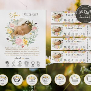 Editable Doljabi kit No.2 Yellow | Doljanchi set 1st Birthday party | Digital download | Doljabi board | Doljabi Label | Doljabi ticket